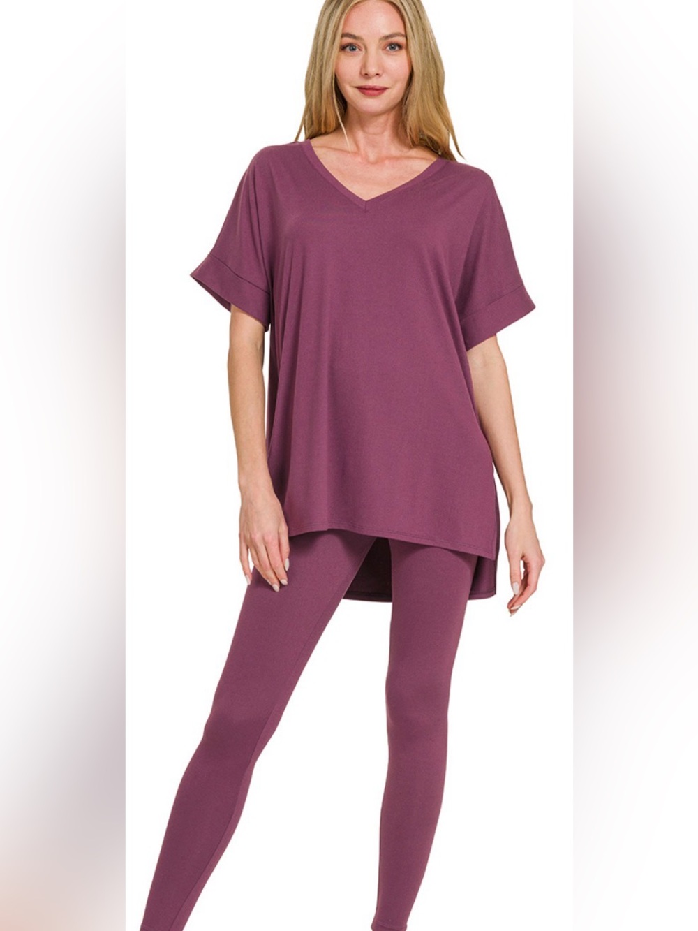 Zenana Relaxed V‑Neck Lounge Top & Leggings Set - Eggplant